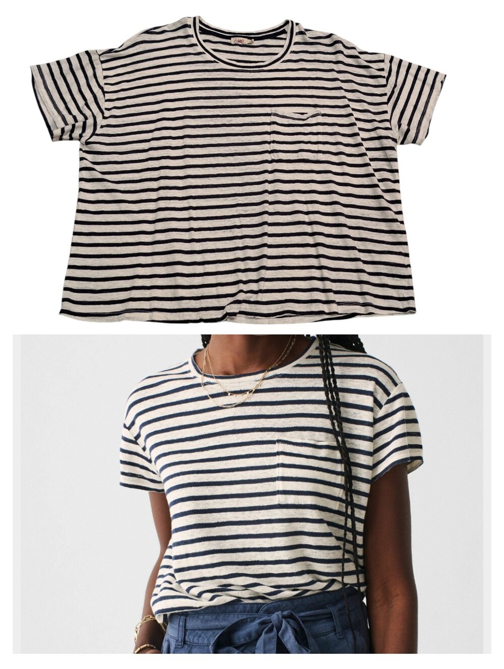 Faherty Sonoma Linen Pocket Tee White Navy Stripe Size Large